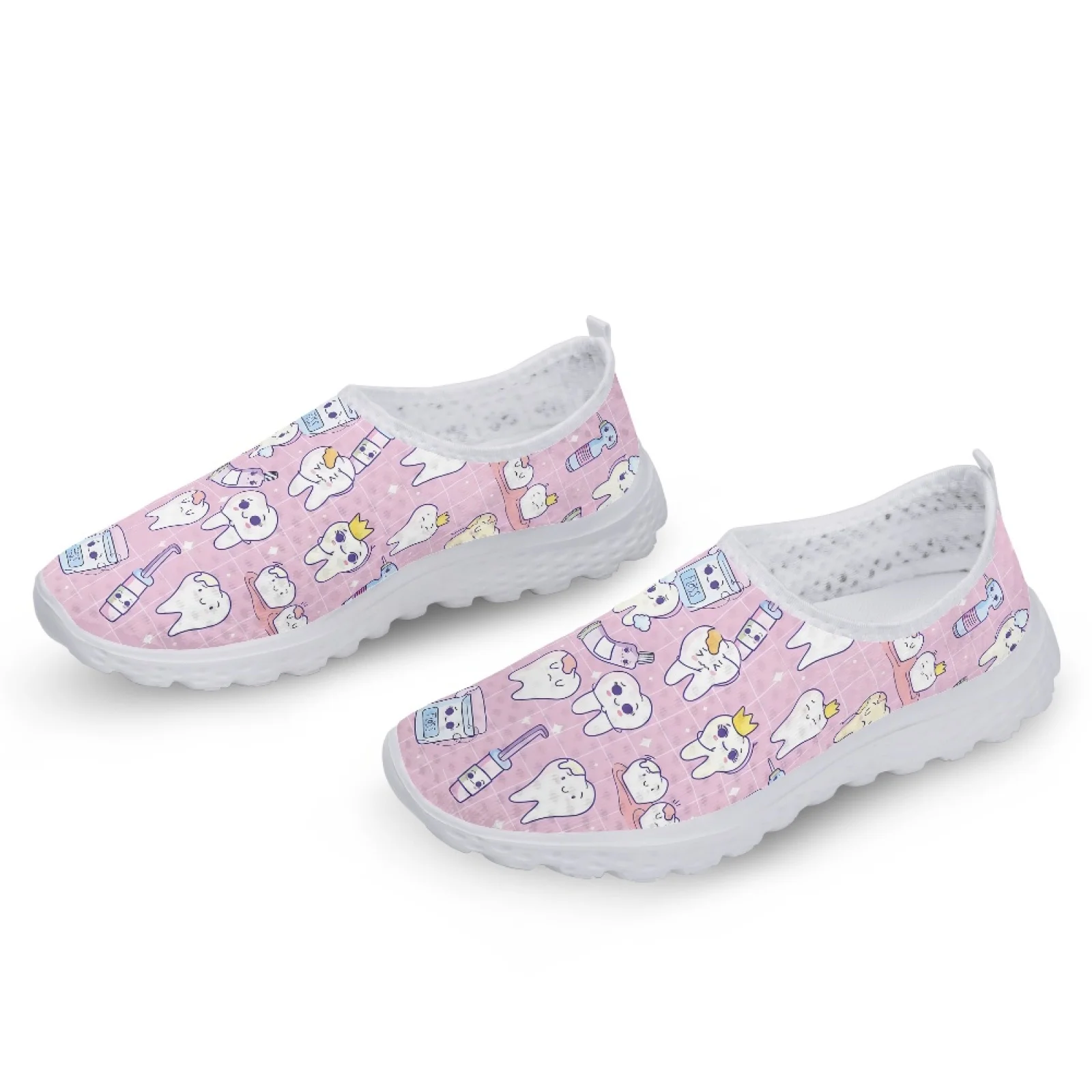 INSTANTARTS Cartoon Dental Loafers Pink Tooth Print Comfortable Breathable Shoes Medical Nurse Shoes Women\'s Slip On Shoes Flat