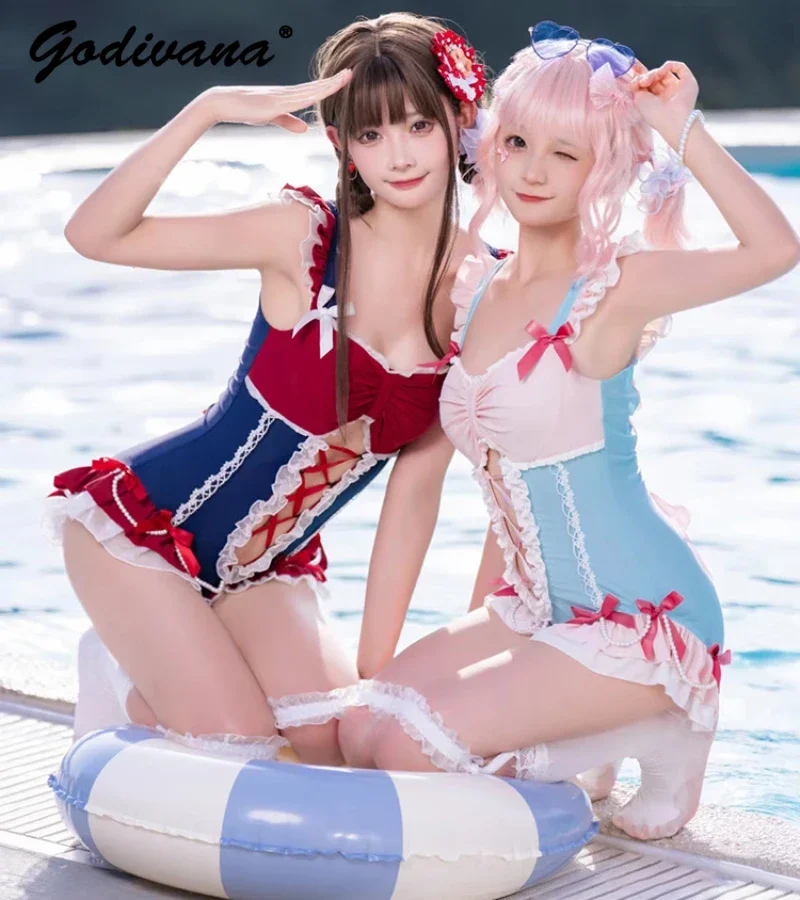 Cute Style Swimsuit Female Girls 2024 Summer Slimming Swimwear Lolita Princess Bow One Piece Swim Suits