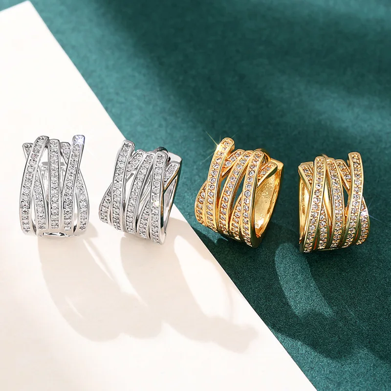 2024 New Multi layer Cross line Earrings with Multiple Rings and Diamonds for Banquet Luxury, Fashionable  Popular Jewelry