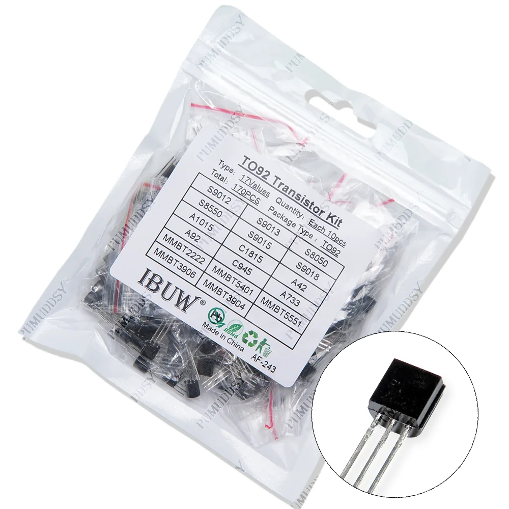 170PCS S9012 S9013 S9014 9015 9018 A1015 C1815 A42 A92 2N5401 2N5551 A733 C945 S8050 S8550 2N3906 2N3904 Transistor Assorted Kit