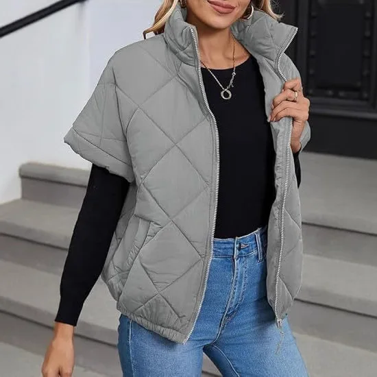 Autumn Winter Women Short Sleeve Quilted Puffer Jacket Zip Up Diamond Pattern Warm Outerwear with Side Pockets for Ladies
