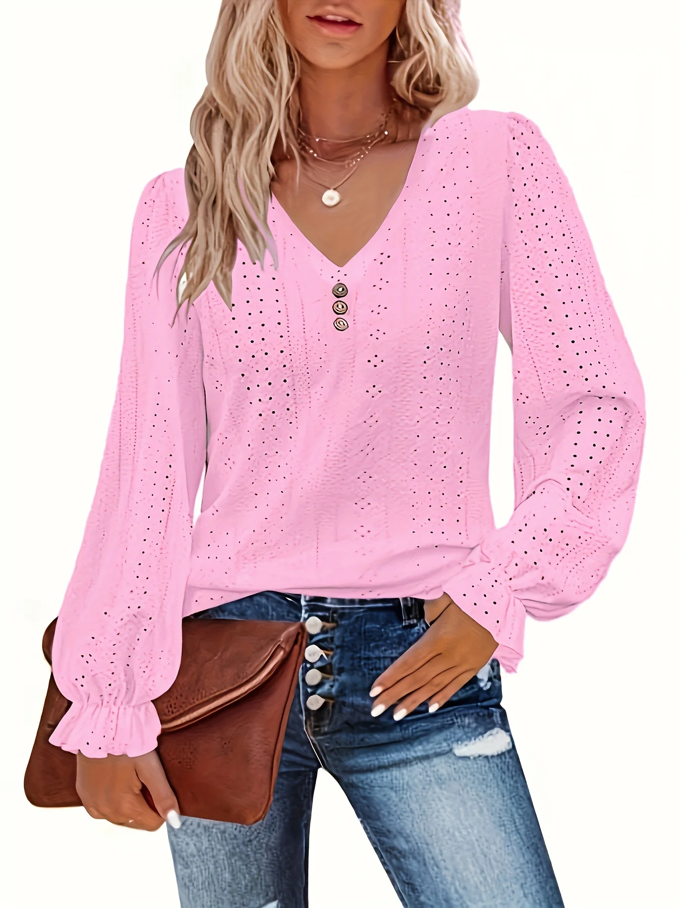 Plus Size T-Shirt mit Ösenknopf-Dekor, lässiges V-Ausschnitt-Langarm-Top für Frühling und Herbst, Damen-Kleidung in Übergröße – Detail 14