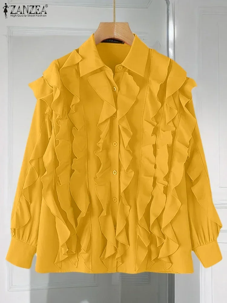 

ZANZEA 2025 Fashion Women Long Sleeve Tops Casual Loose Solid Shirts Ruffles Patchwork Tees Elegant Lapel Collar Button Tops