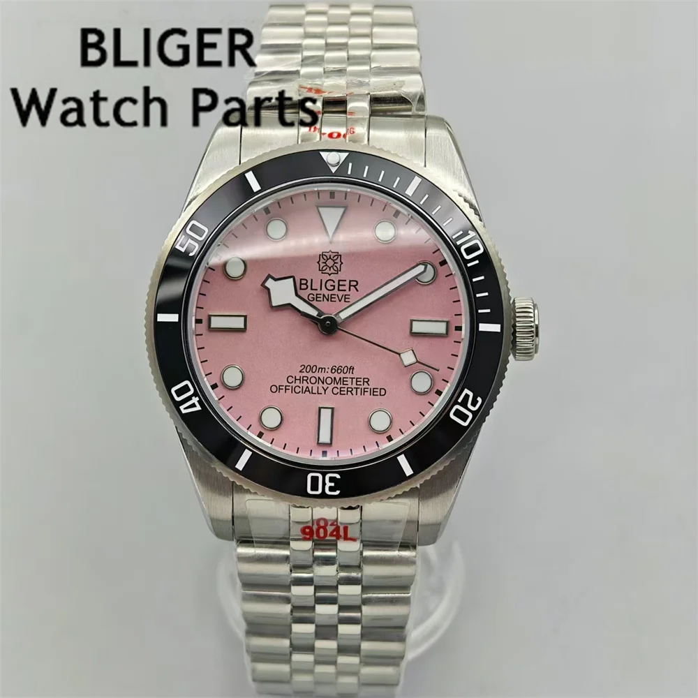 BLIGER 39mm Sterile NH35A PT5000 Men Watch Domed Sapphire Crystal Ceramics Bezel Pink Dial Green Luminous Automatic Wristwatch