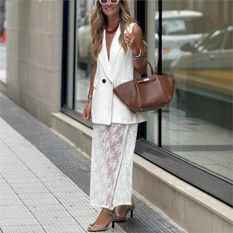

Elegant Lace Skirts Vest Suits Women White Loose V Neck Hollow Out Sets Female 2025 Fashion Sleeveless Set 2 Pieces Lady