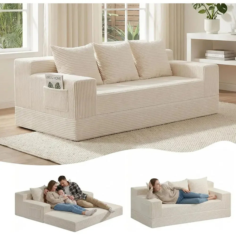78 Inch 2-in-1 Convertible Sofa Bed Corduroy 3 Seater Oversized Sleeper Sofa with 3 Pillows for Living Room, Bedroom, and Den