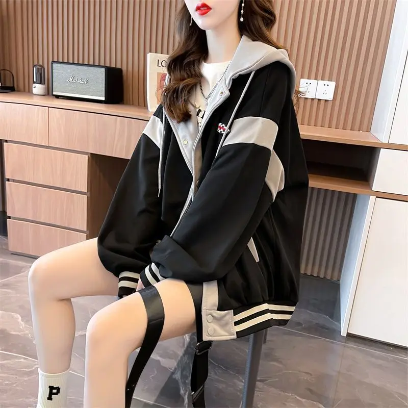 Fashion Hooded Sweatshirt Women Loose Stitching Oversize Coat Fall Korean Fashion Niche Trend Pocket Baseball Cardigan Jacket