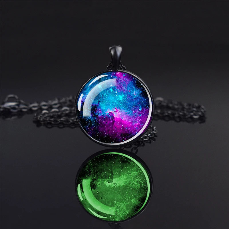 Glowing In The Dark Galaxy Nebula Planet Necklace Black Chain Glass Pendant Necklace Space Jewelry