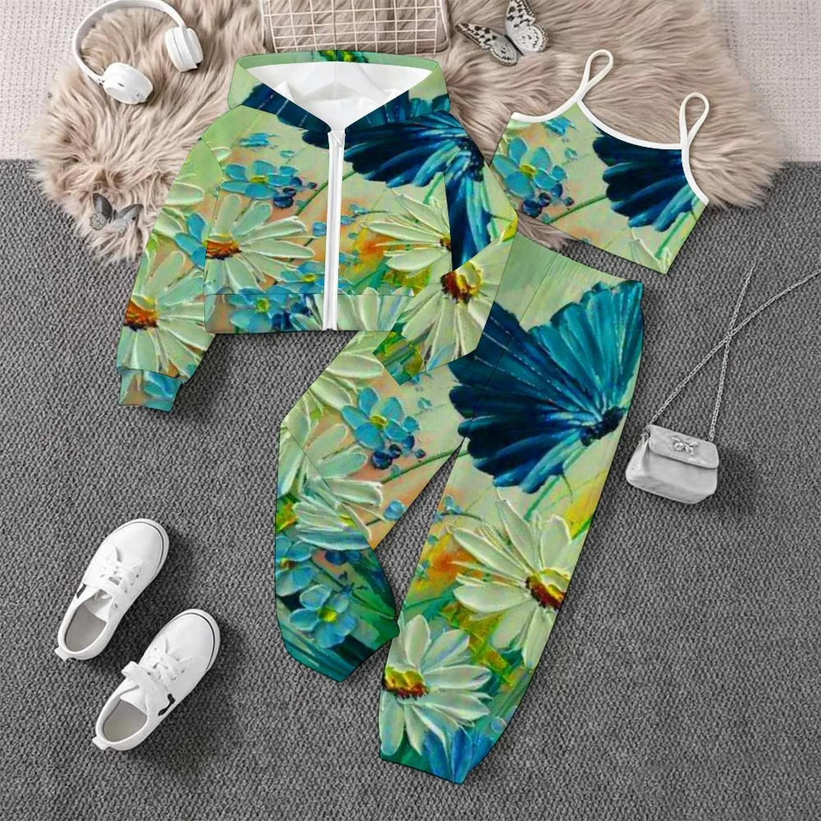 Zipper Hoodie Long Sleeve Coat Jogging Pants Autumn Winter Children's Printed Three-Piece Set Girls Yoga Pants Fashion Vest