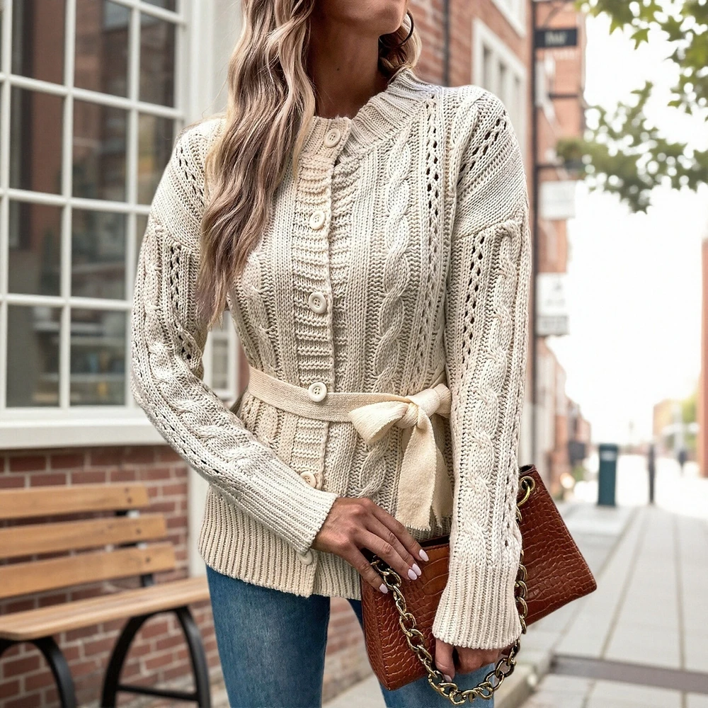

Женские кардиганы с длинными рукавами и круглым вырезом с открытой передней частью, модные повседневные осенне-зимние простые декоративные однотонные кардиганы на пуговицах