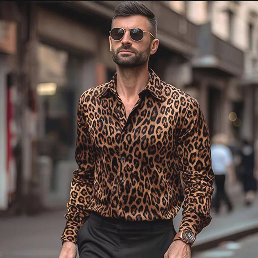 All Seasons Men's Luxury Leopard Print Non-Iron Long Sleeve Shirt Cardigan Ice Silk Stretch Turn-down Collar Shirts For Men