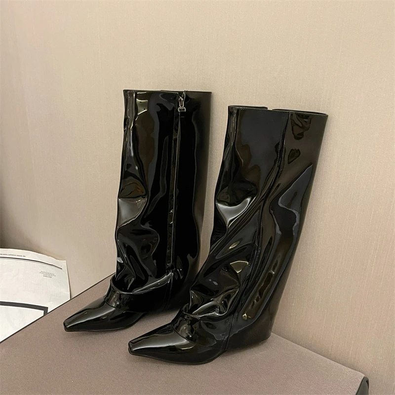 

Original Designer Brand Leather Female Boots High Boots Pointed Black Patent Leather Trouser Boots for Women