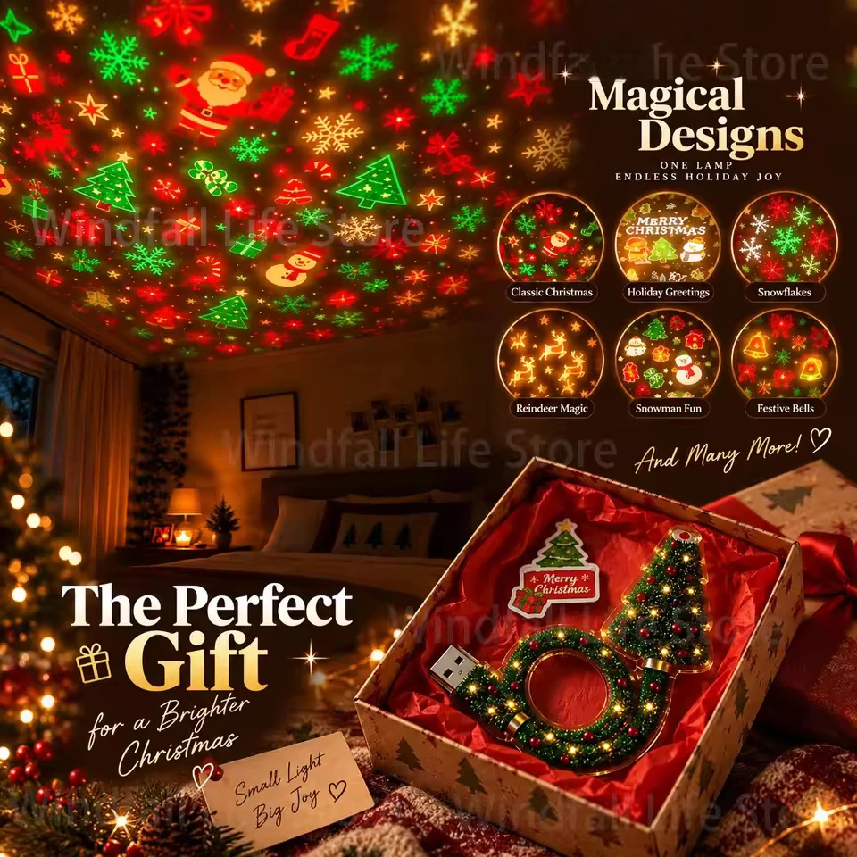 New Christmas Projector Light, USB Powered Christmas Night Light with Holiday Patterns, Flexible Tree Lamp for Bedroom, Ceiling