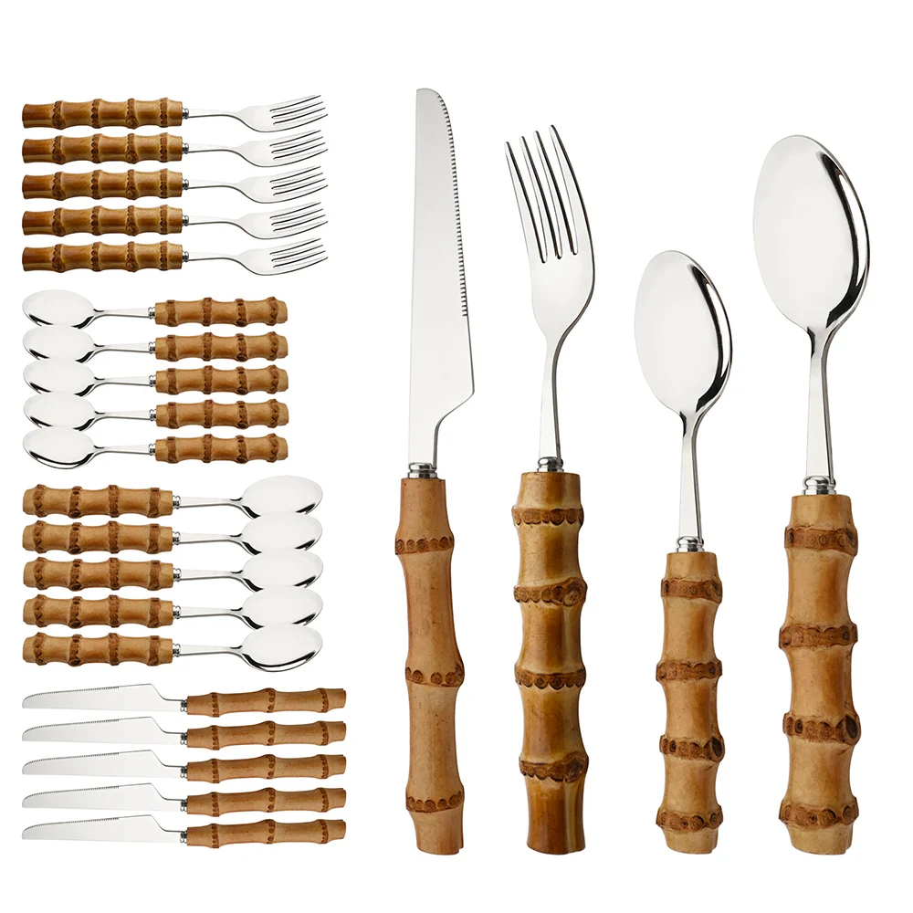 Silver 24Pcs Creative Home Bamboo Handle Dinnerware Cutlery Set Stainless Steel Tableware Steak Knives Fork Spoon Set For Home