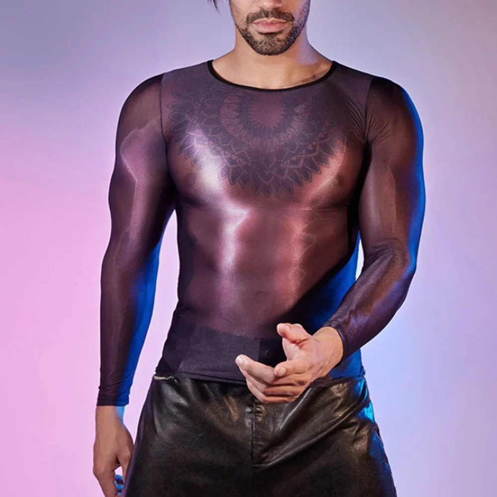 Fashion Men\'s Undershirt Oil Shiny Long Sleeve Tops O-Neck T-Shirts Sexy See Through Male Elastic T-shirt