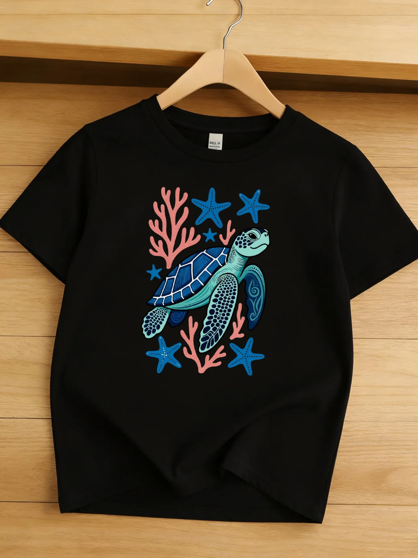 Kids Sea Turtle Starfish Coral Ocean Animal Graphic Tee Boys Girls Family Matching Short Sleeve Vivid Casual Everyday T Shirt