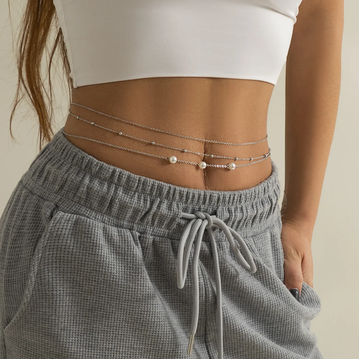 Sexy and Minimalist Imitation Pearl Chain Metal Waist Chain Mixed and Stacked Fashion Girl Beaded Woven Body Chain Belly Chain