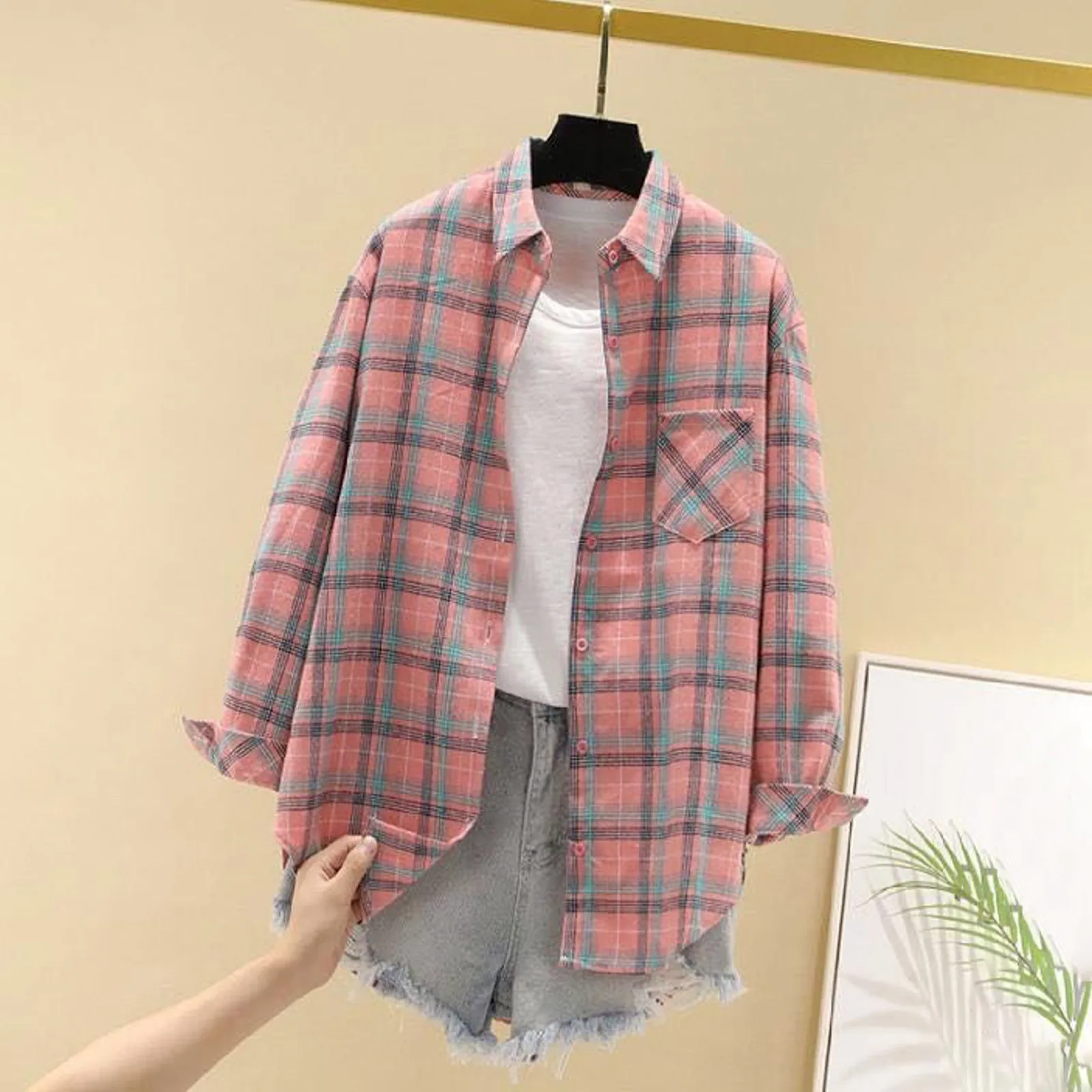 Langarm Baseball T-Shirt Damen Damen mantel verdickt klassische Button-Down-Winter Plaid Fleece gefüttert niedlichen Langarmhemd