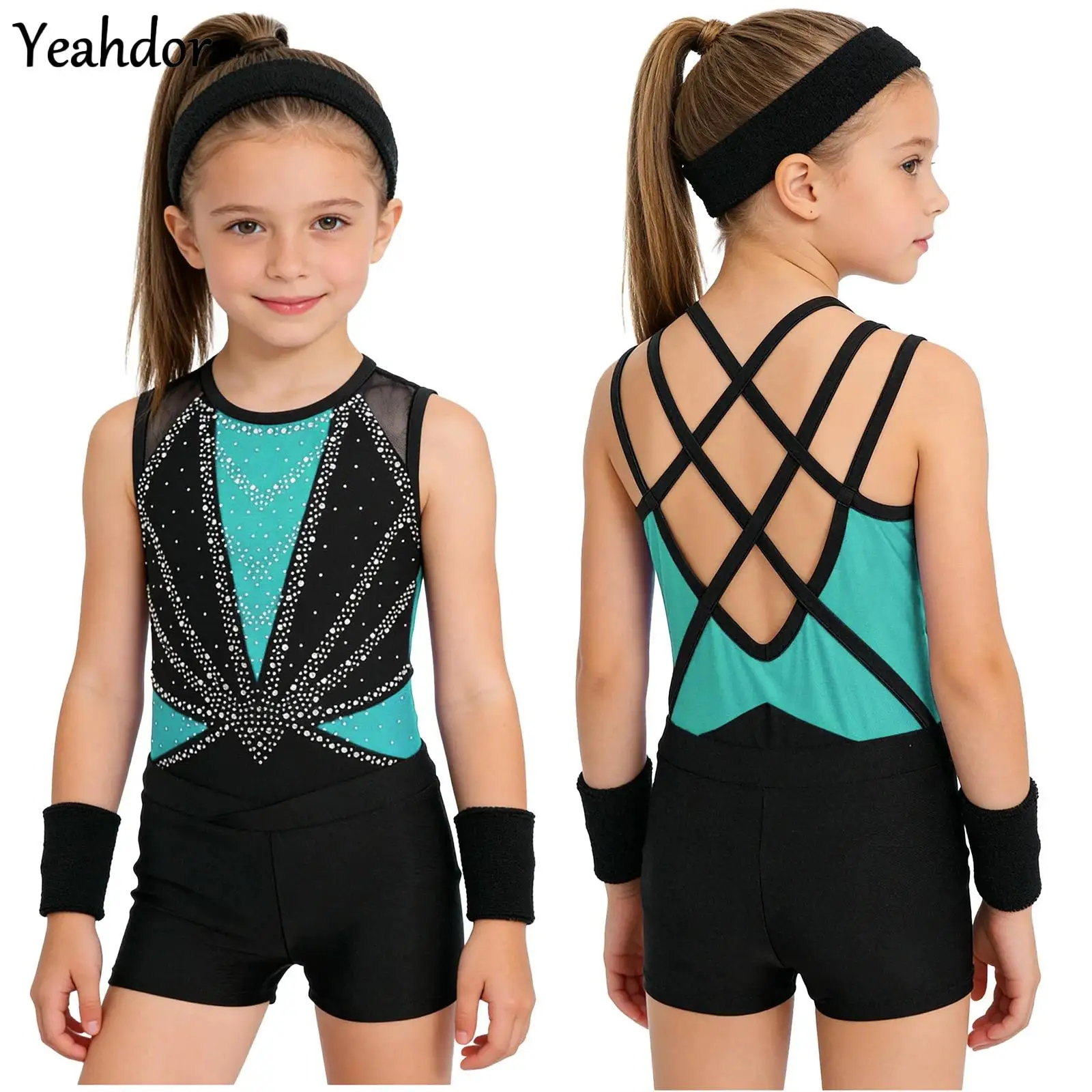 

Kids Girls Gymnastics Leotard Unitard Sleeveless Keyhole Back Bodysuit with Shorts Bottoms Sports Ballet Dance Skating Outfits