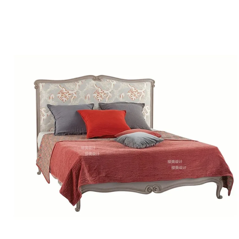 French retro solid wood bed, American linen soft carved double bed