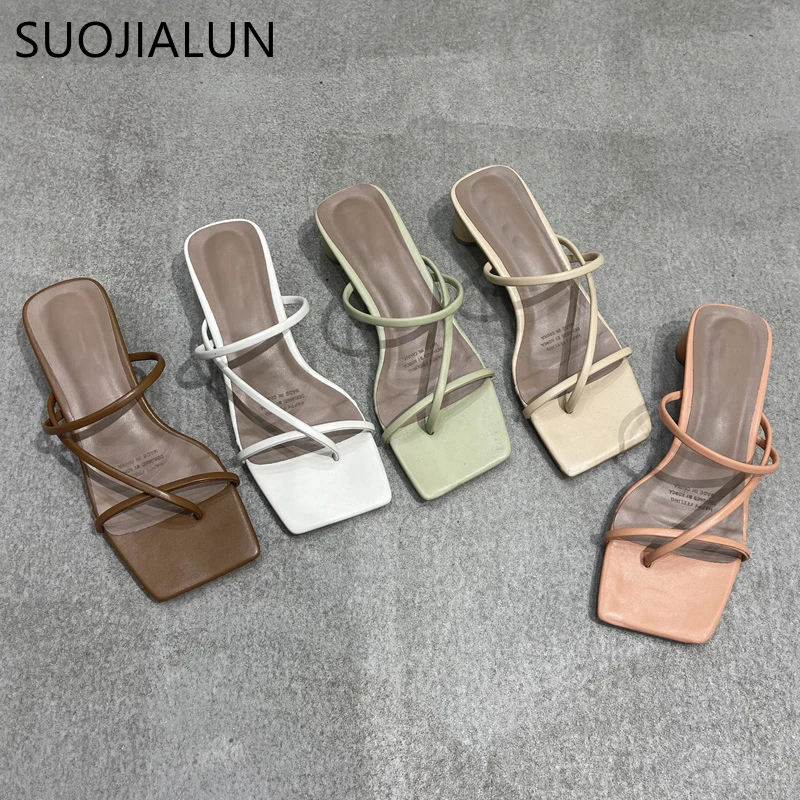 SUOJIALUN Summer Square Low Heel Women Slipper Fashion Narrow Band Ladies Sandal Outdoor Beach Casual Slides Shoes Big Size 40