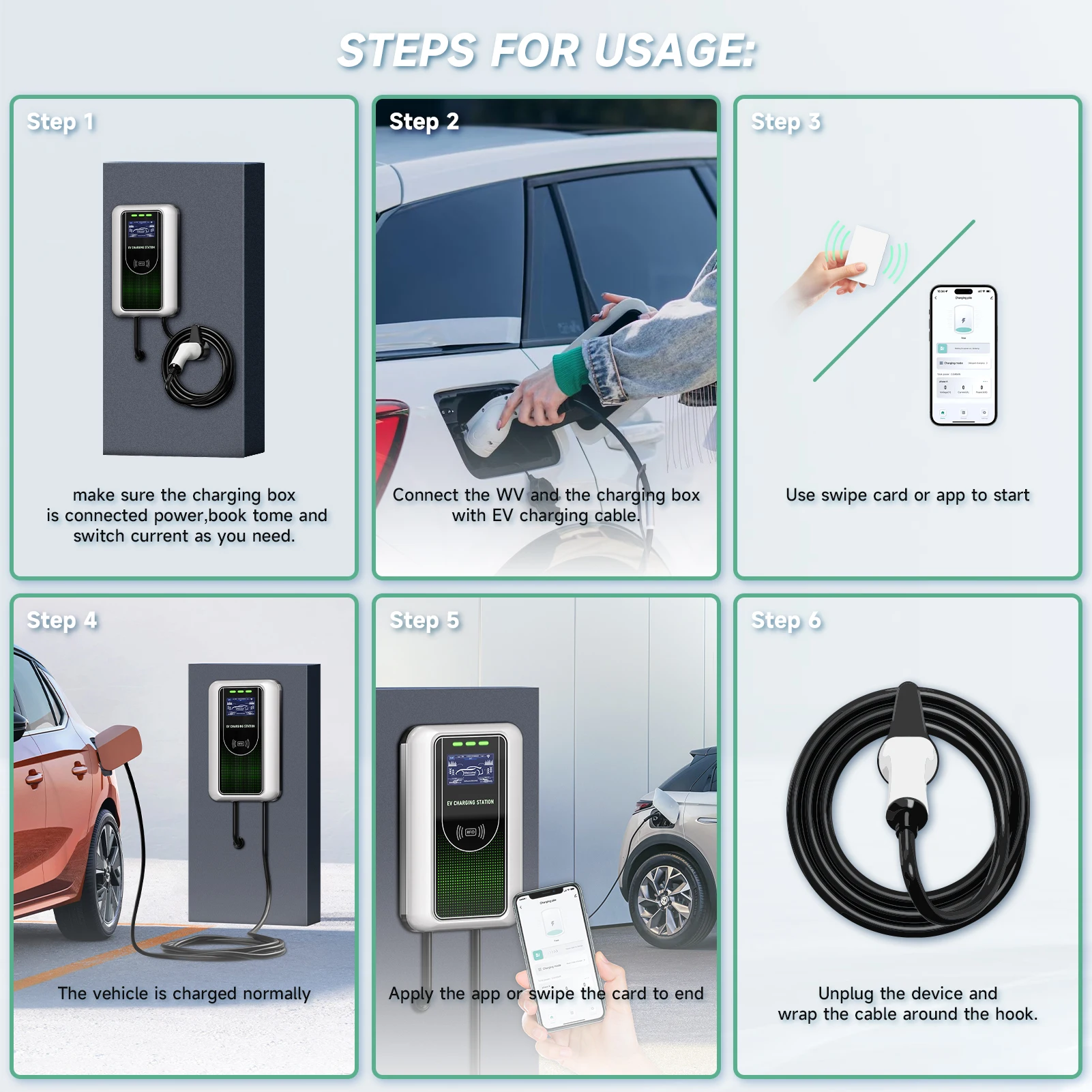 전기 자동차 충전기 타입 2 IEC62196-2 EVSE 월박스 11KW 16A 월마운트 앱 와이파이 제어, 22KW 32A EV 충전 스테이션, 7KW 32A