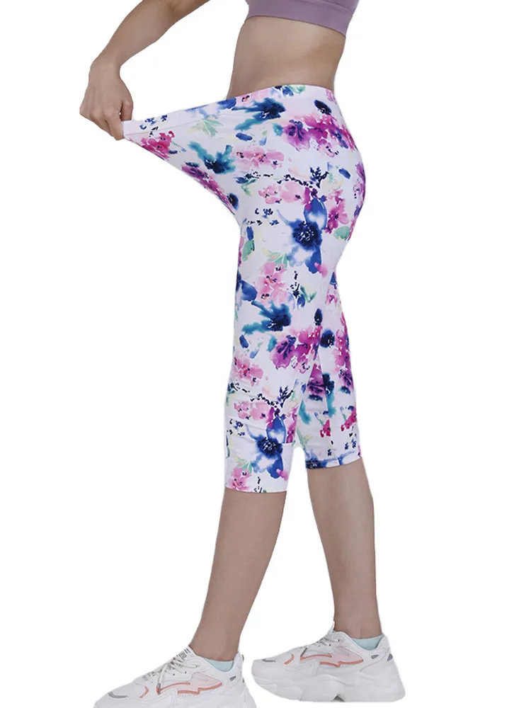 LJCUIYAO-Leggings de cintura alta para mujer, pantalones Capri estampados de verano, ajustados, elásticos, informales, a media pantorrilla, ropa suave con flores