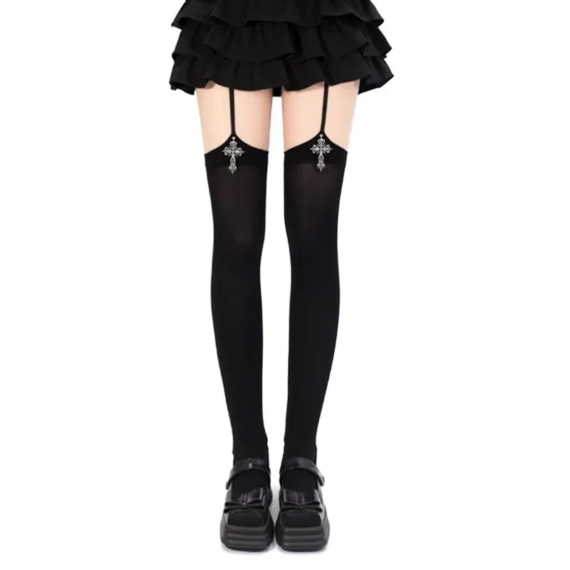 Chaussettes à bretelles pour femmes, décoration croisée de personnalité, couleur unie, cuisses hautes, Lolita Anime Cosplay, bas gothiques au-dessus du genou