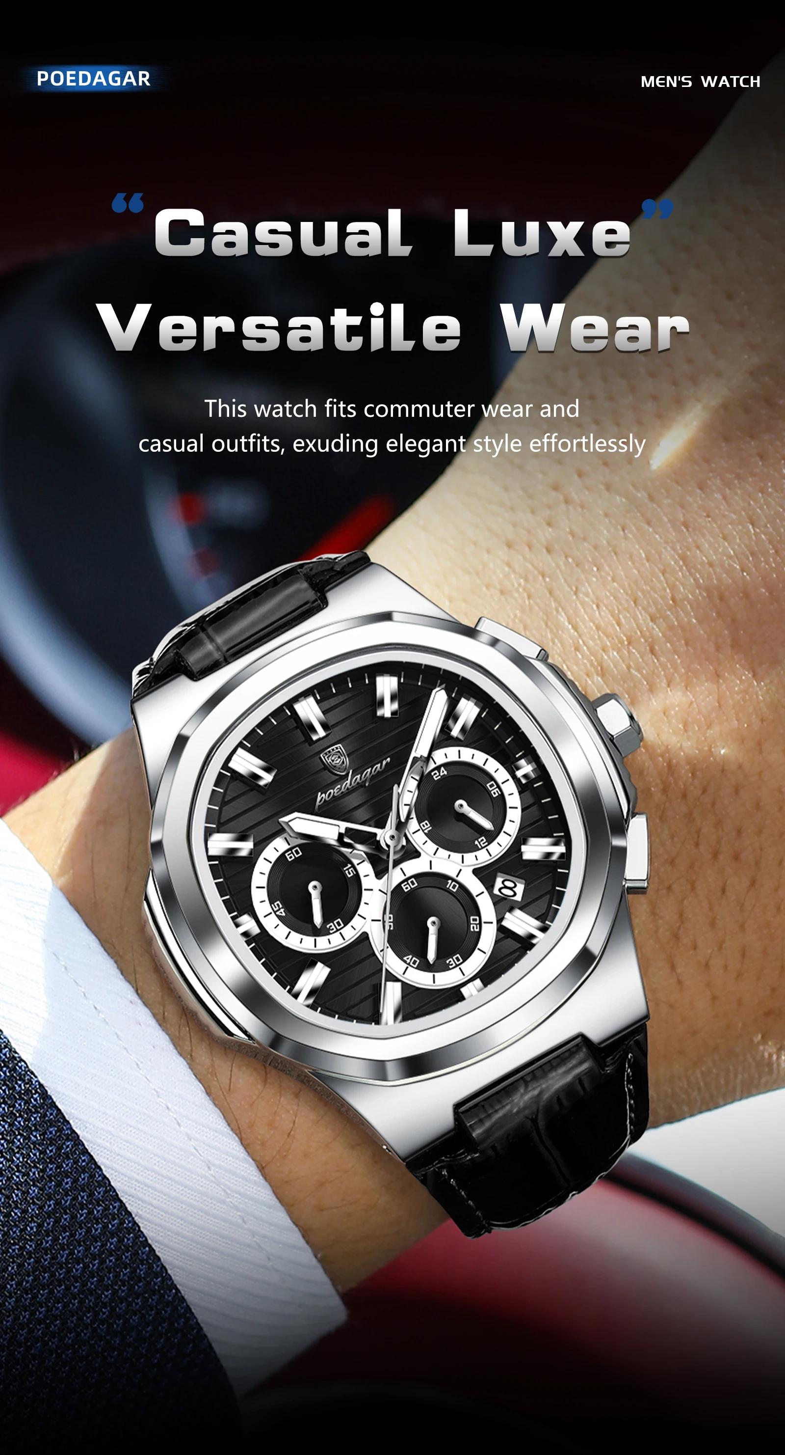 POEDAGAR Luxus-Herrenarmbanduhr, wasserdicht, leuchtend, Leder, modische Herrenuhr, Datumsanzeige, Chronograph, Quarz, elegante Herrenuhren, Reloj – Detail 4