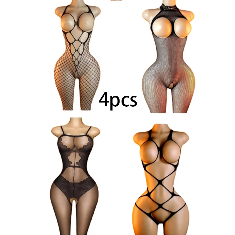 Conjunto de 4 piezas: Body de lencería negro con espalda descubierta y aberturas – Perfecto para citas de San Valentín y ocasiones especiales