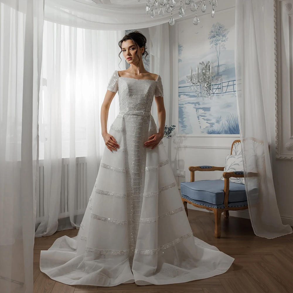 

Luxury Weddings Dresses Square Collar A-Line Short Sleeve Brides Dress Sweep Train Sequin Bridal Gown Customized robe de mariée