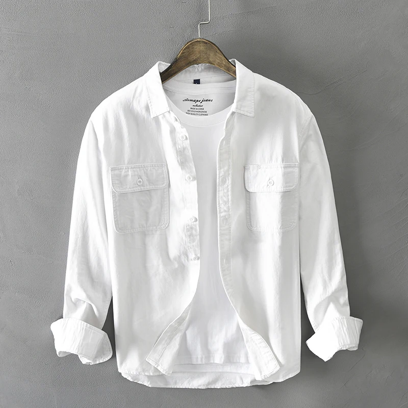 

Spring and Autumn Long Sleeve Cargo White Shirts for Men Clothing Pure Cotton Retro Style Button Up Pocket Streetwear