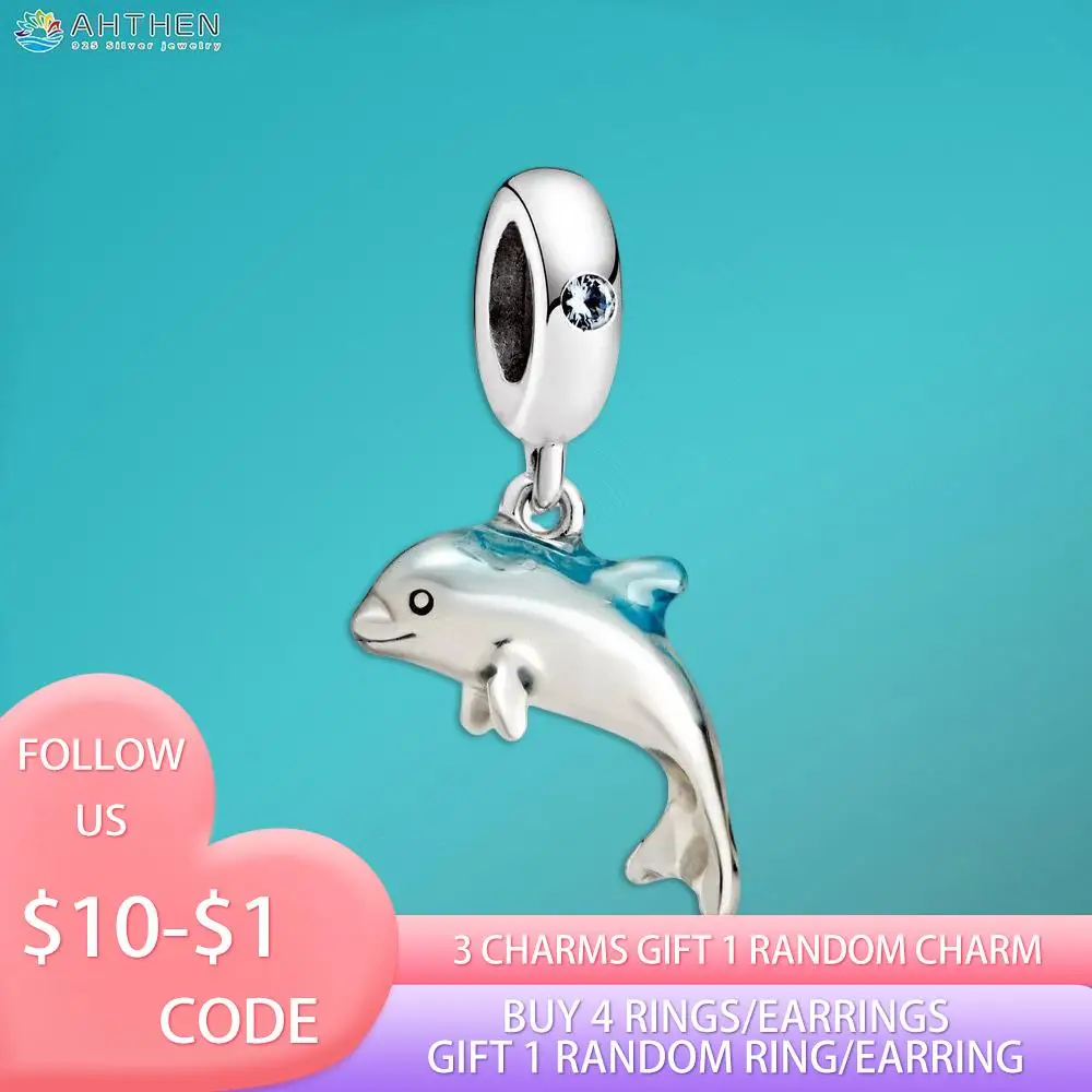 

Ahthen 925 Sterling Silver Shimmering Dolphin Dangle Charms fit Original Pandora Bracelets for Women Jewelry Making Girl Gift