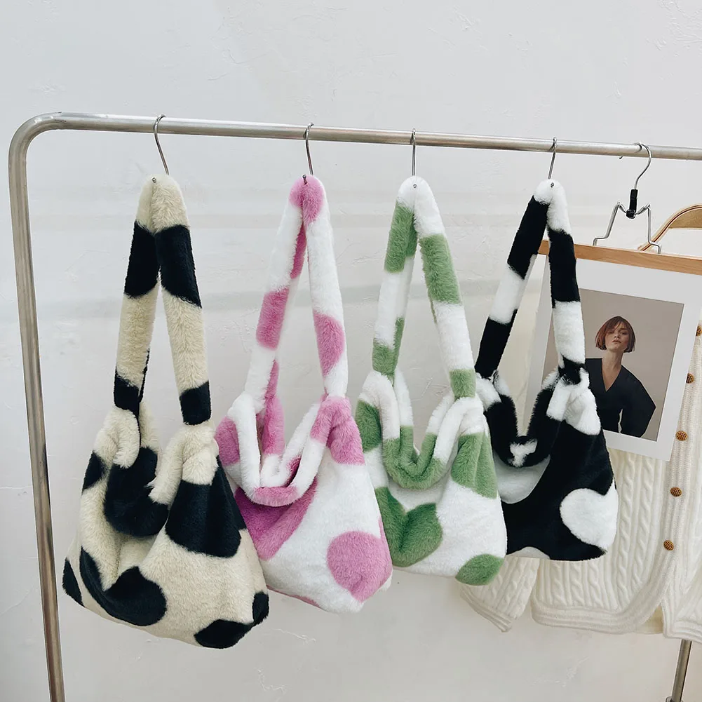 Women Fashion Plush Shoulder Bag Cute Heart Plush Tote Bag Large Capacity Stylish Underarm Bag Casual Armpit Bag Daily Sling Bag