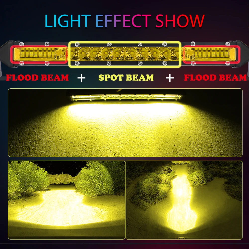 UNISHINE Single Row LED Light Bar 12V 24V 10-50inch Spot Flood Combo Beam LED Work Light Yellow Fog Lamps For 4X4 Trailer Auto