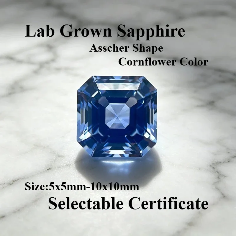 High Quality Lab Grown Sapphire  Asscher Shape Cornflower Color Charms Gemstone for DIY Jewelry Making Selectable Certificate