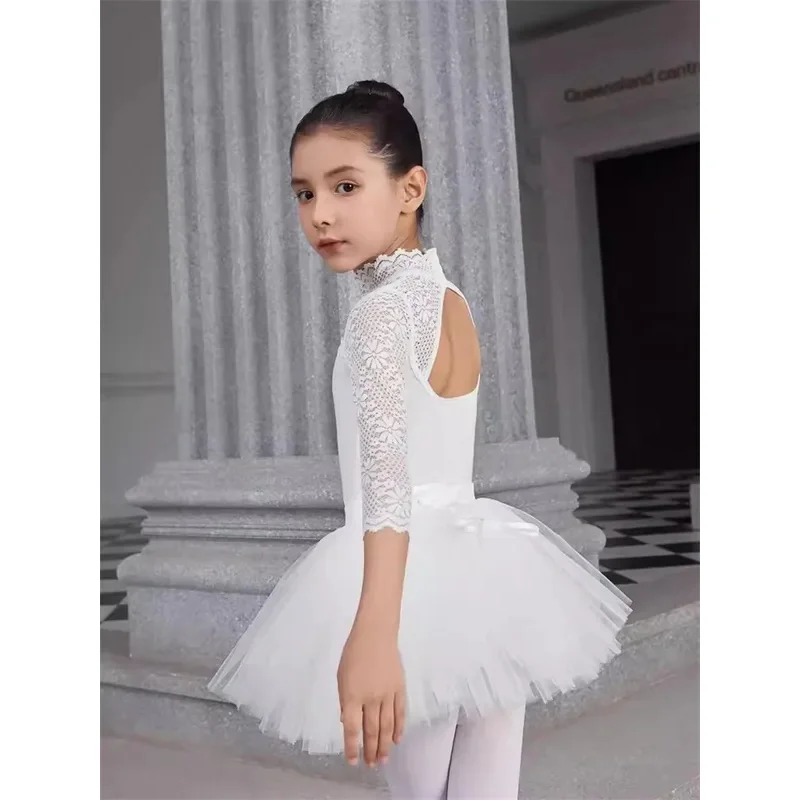 MN1 الفتيات فستان الباليه الجمباز ثياب تنورة دانتيل ثياب كم طويل فساتين الحفلات الاطفال طفل الجمباز ملابس السباحة ل 8/yG