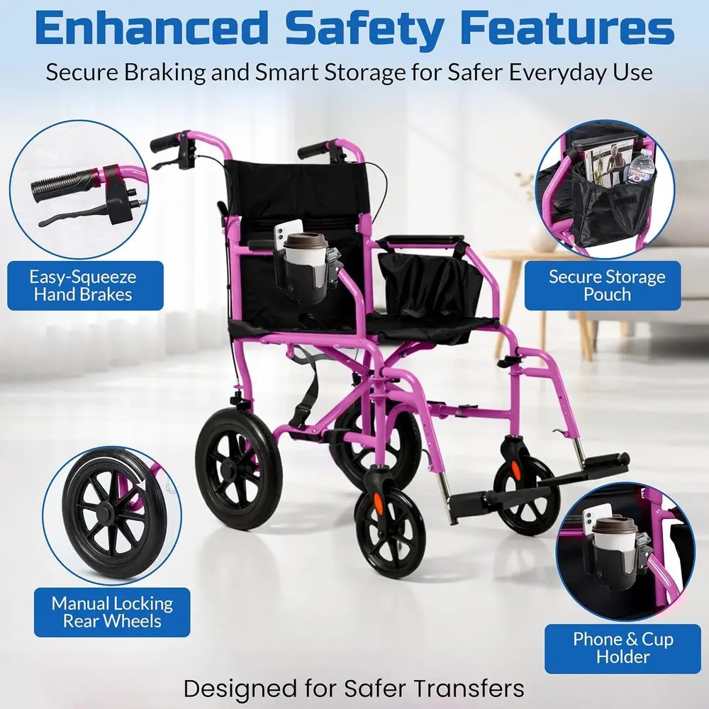 ingbird™ Ultra-Lightweight oldable Transport Wheelchair, Handbrakes,12-Inch Rear Wheels, Extra-Wide Seat. Convenient Table-Lengt view 2