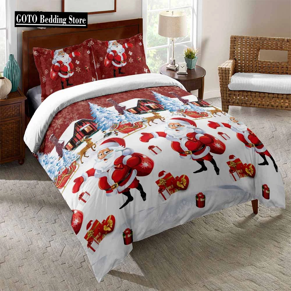 

Christmas Deer Duvet Cover Set King Size -New Year Concept Print Santa Claus Snowflake Comforter Cover Decorative Pillow Shams