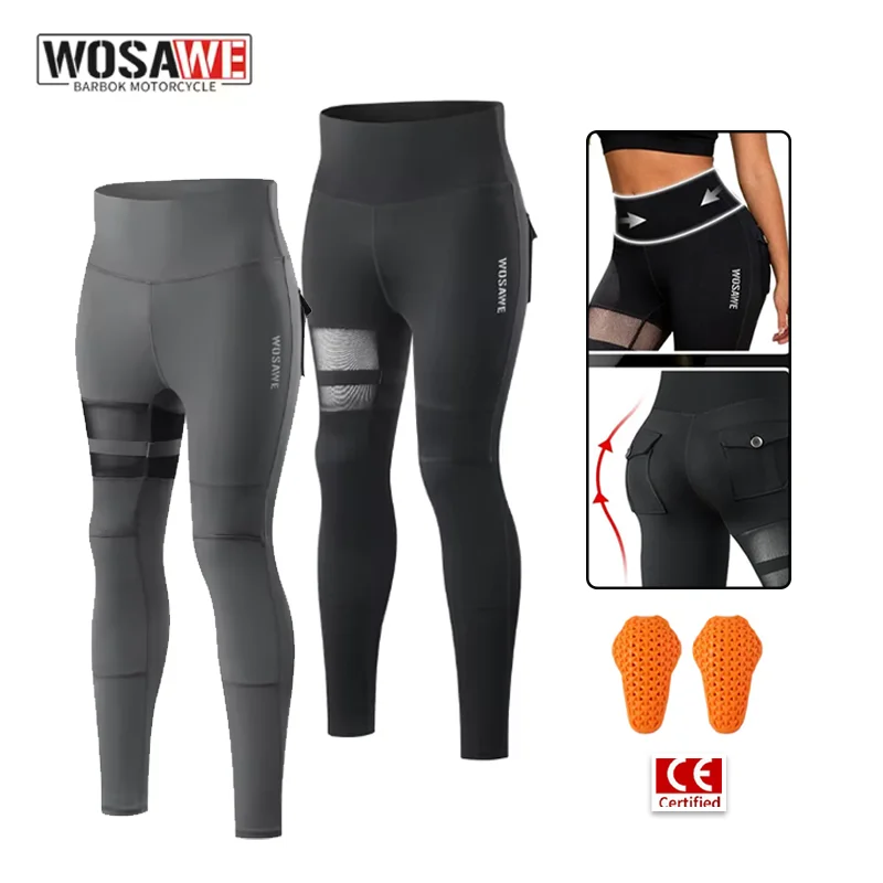 WOSAWE Women Slim Motorcycle Pants Off-road Outdoor Riding Pants Casual Running Sports Pants With Knee Pads