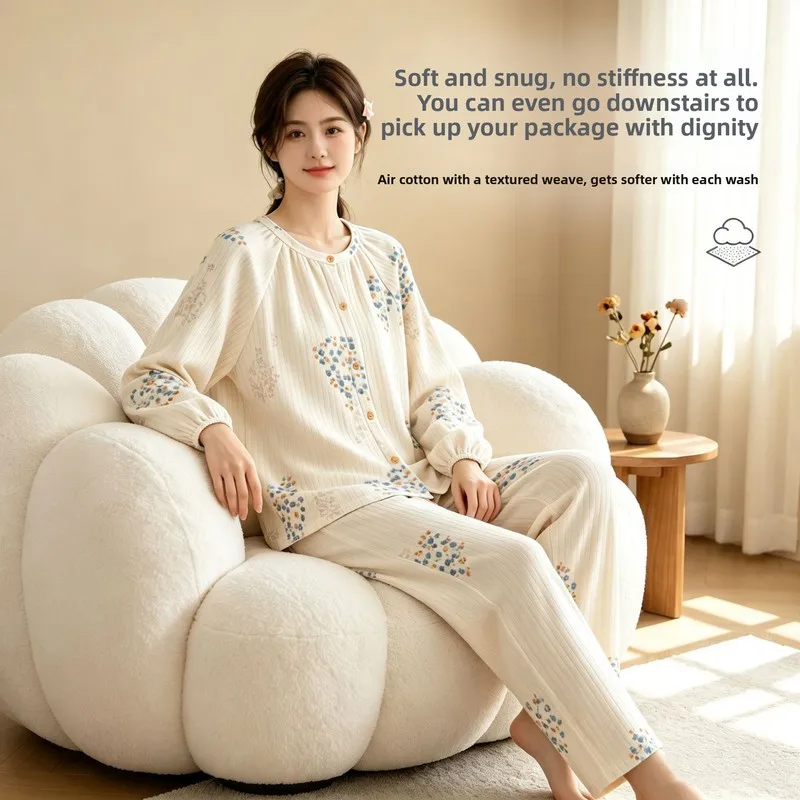 Minimalist Womens 3-Layer Quilted Heavyweight Pajama Set, Crew Neck Long Sleeve & Relaxed Fit, Breathable Warm Versatile Fall W