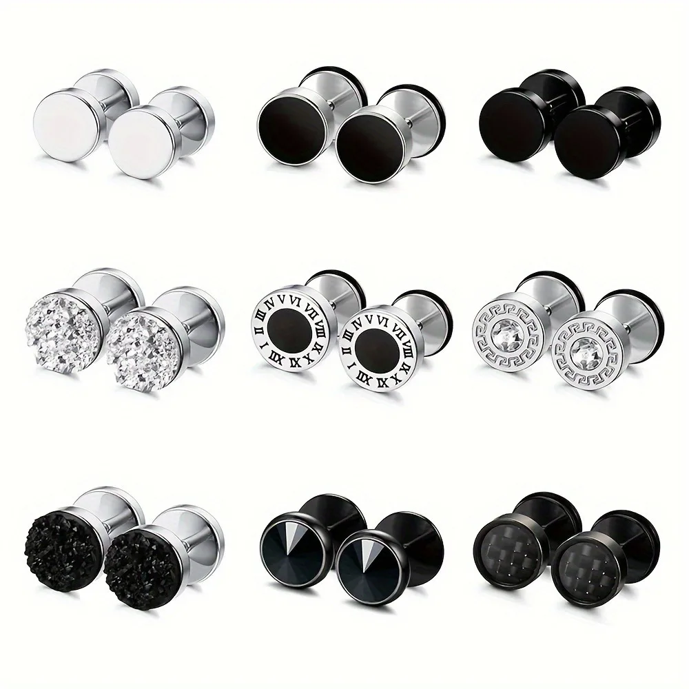 Sophisticated Faux Gauge Stud Set: 9 Pairs Hypoallergenic 316L Steel, 18K Gold-Plated Men's Earrings with Zirconia Sparkle