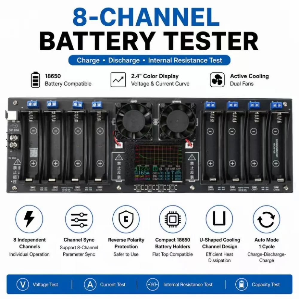 8-CH 18650 Battery Capacity and Internal Resistance Tester, 2.4-Inch Colour Screen with Curve Display Electronic Load Tester