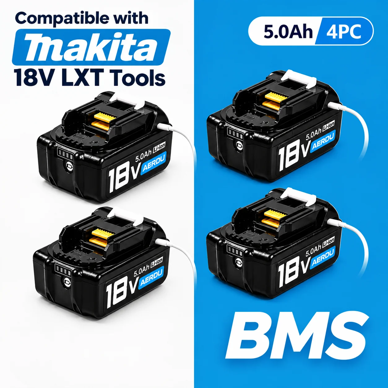 5.0Ah Replacement Battery for Makita 18V LXT, Compatible with BL1850 BL1850B BL1840 BL1840B BL1860 BL1860B, Li-Ion Battery with USB-C PD65W