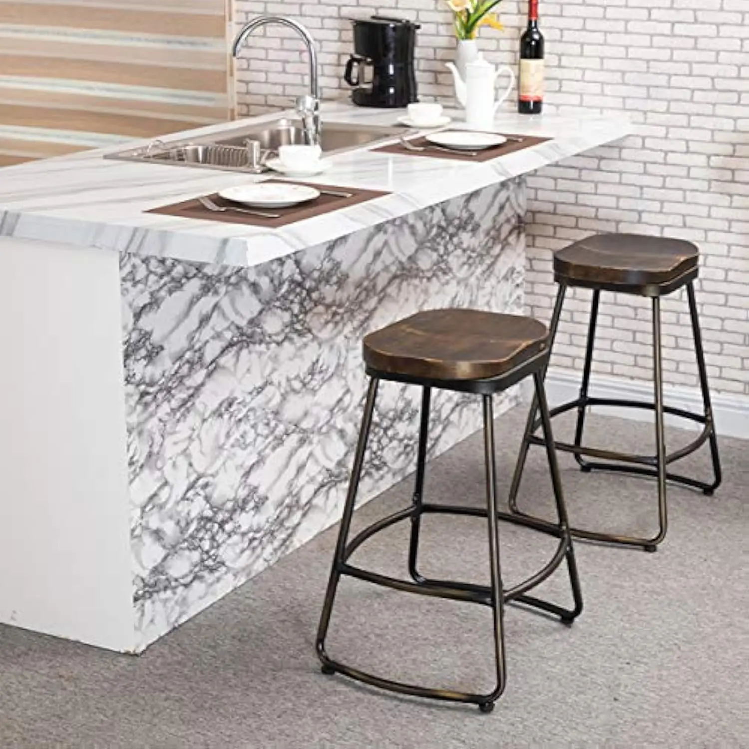 

26 Swivel Bar Stools Set of 2 Industrial Metal Counter Height Barstools with Wood Top