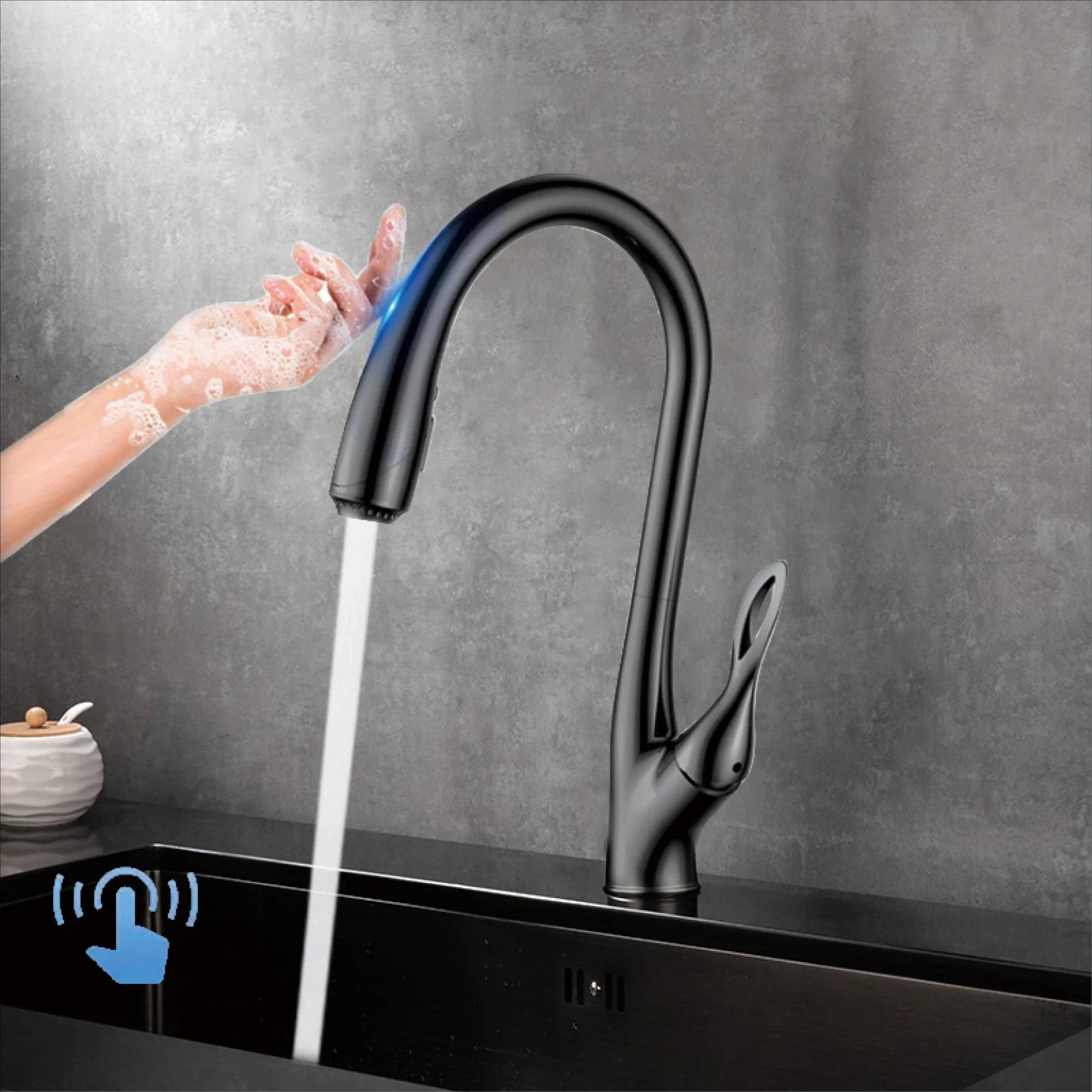 

Роскошный пистолет, серый латунный выдвижной кухонный смеситель, дизайн сенсорного переключателя, одна ручка, 3-функциональный смеситель для горячей и холодной воды