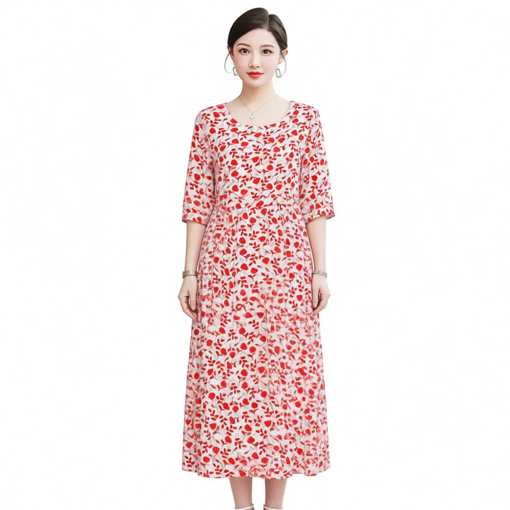 Elegant Women Summer Dress Breathable Printed Cotton Blend Casual Loose A Line Midi Dresses Mother Gift Plus Size Lady