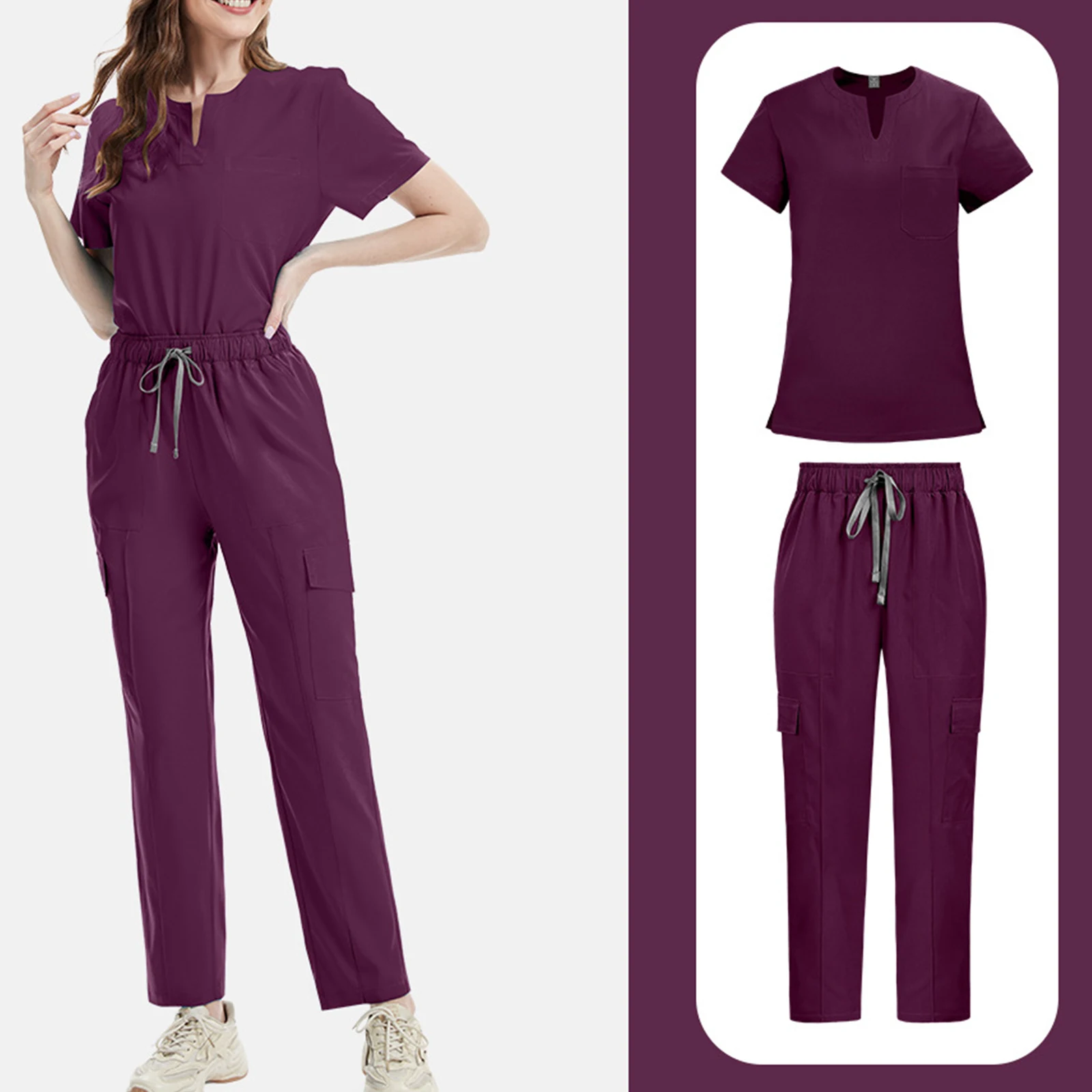 Conjunto esfoliante de enfermeira feminina, manga curta com vários bolsos, calças cargo, uniforme médico, roupa de trabalho de saúde, roupa profissional