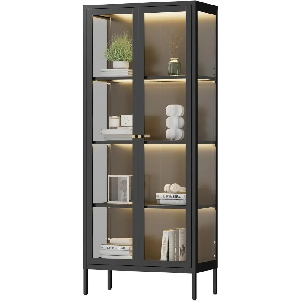 

68" Black Glass Display Cabinet: Curio Case with 3-Color LED Lighting & Glass Doors - Tall Showcase for Collectibles​