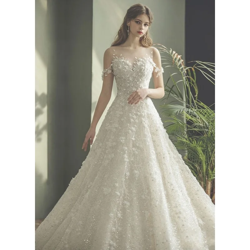 

Custom Off Shoulder 3D Floral A-Line Wedding Dress Sweetheart Neck Sparkly Tulle Bridal Gown with Train Vestido De Novia